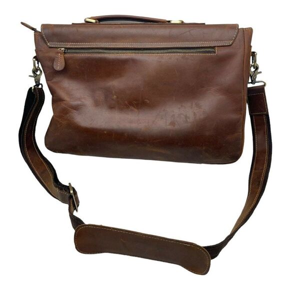 Brown Leather Flap Top Messenger Computer Shoulder Bag Distressed Unbranded - Picture 4 of 12